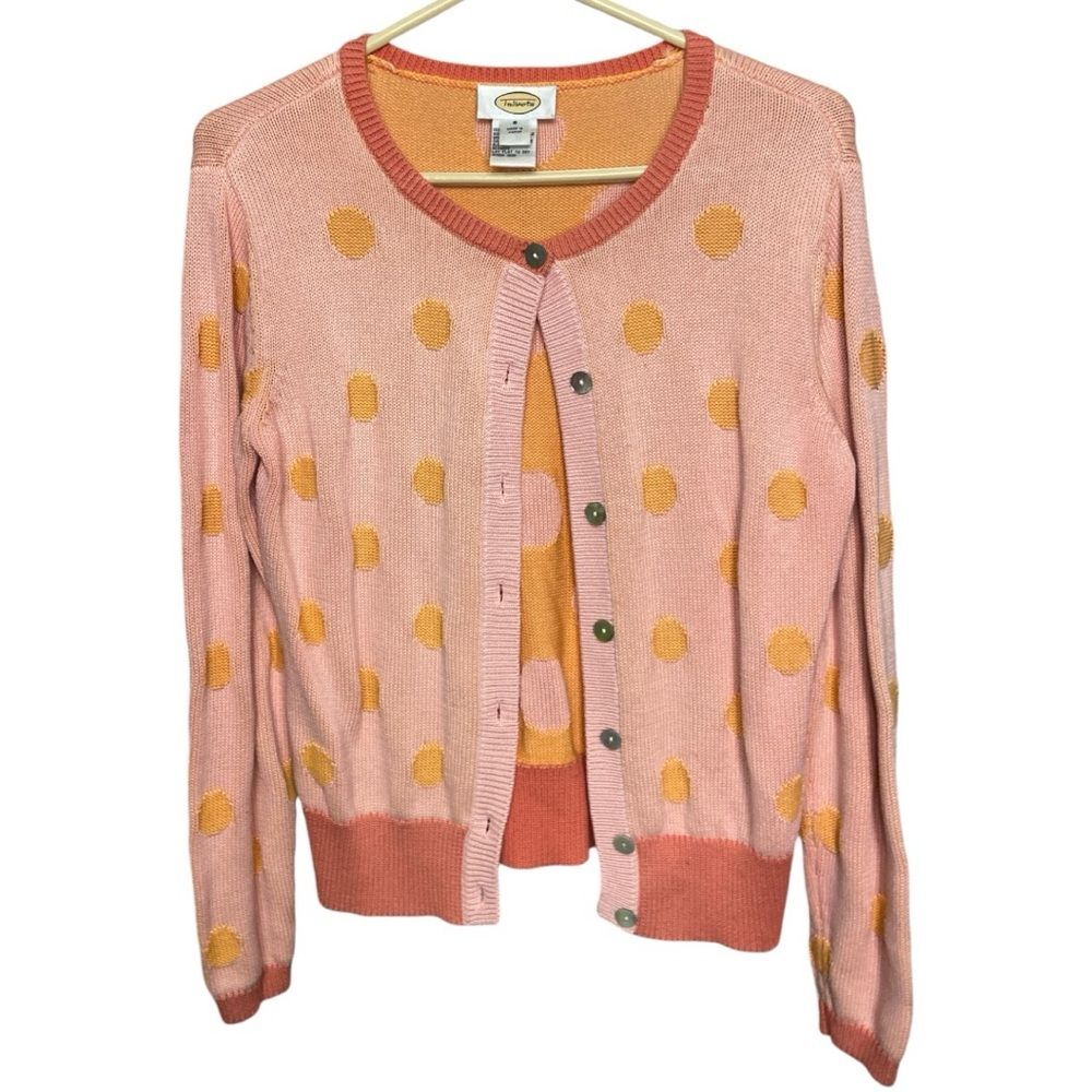 Talbots polka dot pink peach orange knit buttons down cardigan size S
